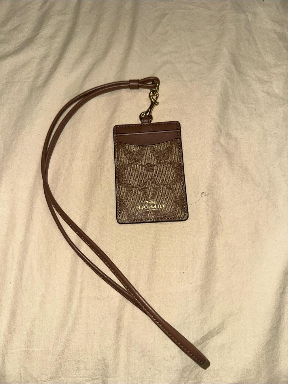 Coach Brown Signature Lanyard Cardholder with Gold Hardware